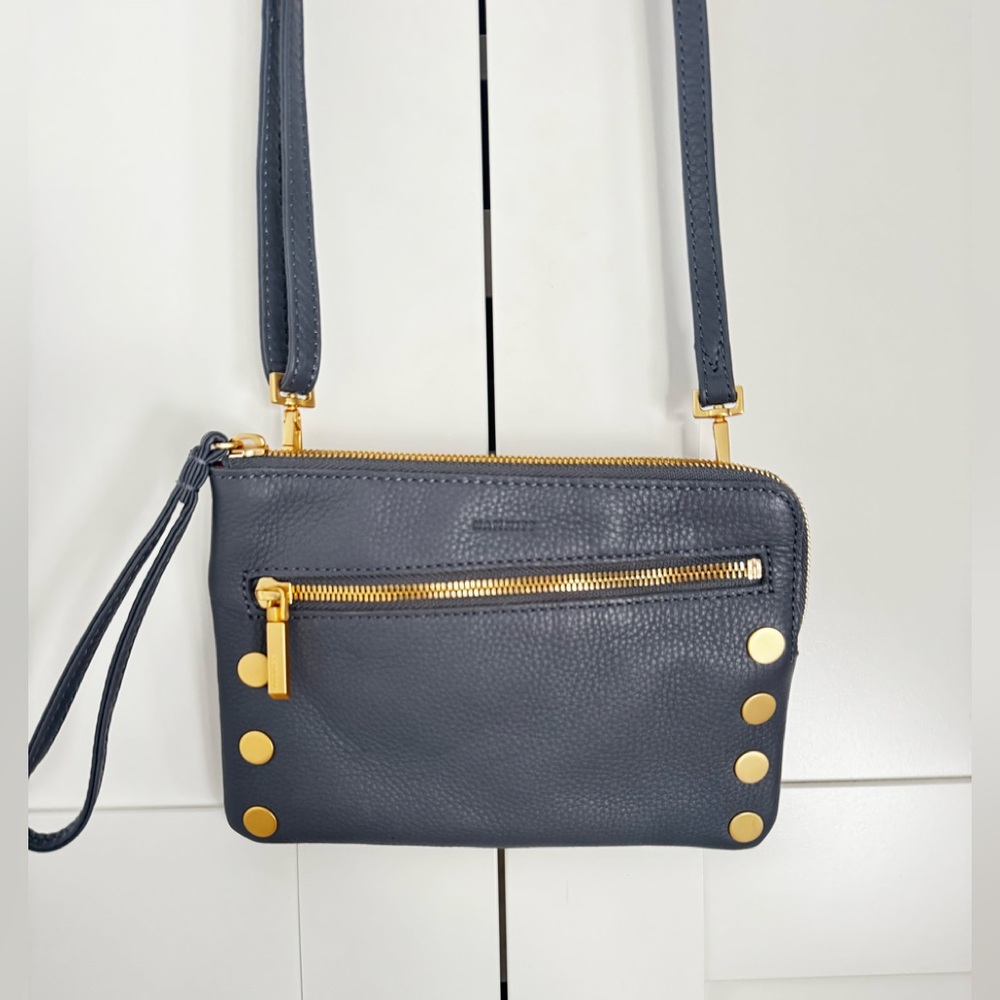 Hammitt Nash Gray Leather Crossbody Purse with Gold Studs